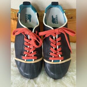 Sorel Black and Teal Sneakers with orange laces.
